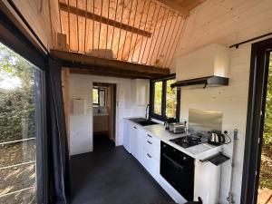 una cucina con piano cottura e lavandino in una casa di Tiny house a Saint-Lyphard
