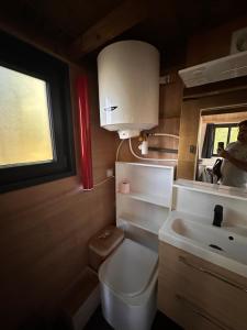 a small bathroom with a sink and a toilet at Tiny house in Saint-Lyphard