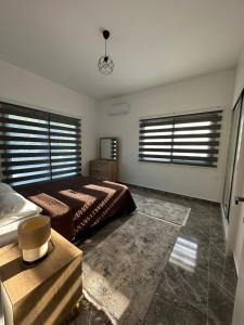 Ozbilge Apartments في كيرينيا: غرفة نوم بسرير ونوافذ كبيرة