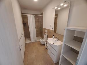 a bathroom with a toilet and a sink and a mirror at Apartments Pronavtik in Piran +27 photos