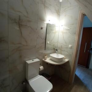 uma casa de banho com um WC, um lavatório e um espelho. em PERLA apartments em Paralia Dionysiou