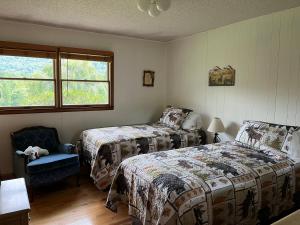 um quarto com 2 camas, uma cadeira e uma janela em Mamaws Mountain View em Fletcher