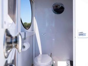 La salle de bains blanche est pourvue de toilettes et d'une fenêtre. dans l'établissement Amazing houseboat in Kinrooi for rent, à Kinrooi