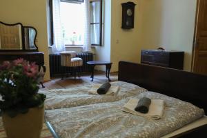 Postel nebo postele na pokoji v ubytování Historické apartmány Zelenohorská pošta