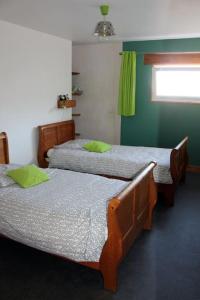 two beds in a room with green walls and a window at Pause nature à la ferme, campagne viticole in Irancy