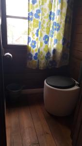 TuorilaにあるNikolain tupa, vanha hirsitaloのバスルーム(カーテン付きトイレ、窓付)