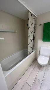 a bathroom with a tub and a toilet and a shower curtain at Cozy 2 Room Appartment In Laax in Laax