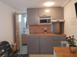 a small kitchen with a sink and a microwave at Excellent logement complet proche Paris in Sceaux