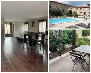 un collage de photos d'une maison avec une salle à manger et une piscine dans l'établissement Domaine de la Tannerie les Coulisses, à Prades