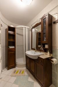 a bathroom with a sink and a shower at Mala hiša in Solčava