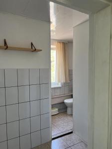 a bathroom with a toilet and a window at Topoliu 16 guesthouse in Šventoji +46 photos