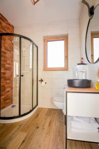a bathroom with a glass shower and a toilet at Domek za rondem in Ratułów