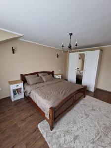 a bedroom with a large bed and a mirror at Casa din Deal in Păuşeşti-Măglaşi