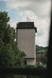 a tall building with two flags on top of it at Pension Obertrum am See in Obertrum am See