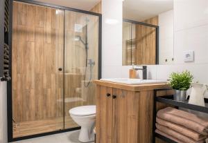 ein Bad mit einer Dusche, einem WC und einem Waschbecken in der Unterkunft Apartament Lawenda in Ciechocinek