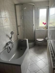 a bathroom with a shower and a tub and a toilet at Haus Bernsteinsee mit Goitzsche-Schnuppersegeln in Friedersdorf