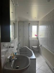 a bathroom with a sink and a tub and a toilet at Haus Bernsteinsee mit Goitzsche-Schnuppersegeln in Friedersdorf
