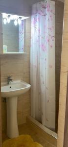 baño con lavabo y cortina de ducha en Anita's hosting, en Kalamata