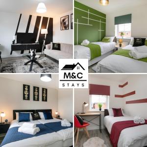 eine Collage mit vier Fotos eines Schlafzimmers mit einem Klavier in der Unterkunft Rugby Modern&3 Bed/5 guest/25%off monthly stays 