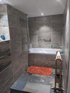 Das Bad ist mit einer Dusche und einer Badewanne ausgestattet. in der Unterkunft chambre d'hôte La Fontaine in Saint-Michel-Lapujade