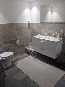 ein Badezimmer mit einem weißen Waschbecken und einem WC in der Unterkunft chambre d'hôte La Fontaine in Saint-Michel-Lapujade
