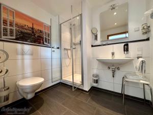 a bathroom with a toilet and a sink and a shower at Schnütgenhof Übernachtung am Biggesee in Attendorn