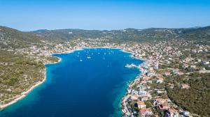 an aerial view of a town and a lake at Apartment Kustura in Vinišće +8 photos