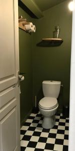 La salle de bains verte est pourvue de toilettes et d'un sol en damier. dans l'établissement Appartement douillet, plein centre, au Chambon-sur-Lignon