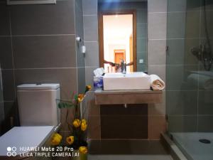 W łazience znajduje się umywalka, toaleta i lustro. w obiekcie Luxus Home w mieście Wadżda
