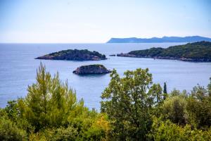 two islands in a large body of water with trees at Zavia Penthouse in Sivota