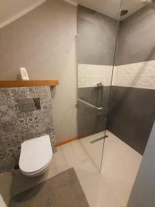 ein Bad mit einem WC und einer Glasdusche in der Unterkunft A cozy room near warsaw in Michaelsthal