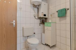 a bathroom with a toilet and a green towel at Studio Apartment Dominika in Ljubljana