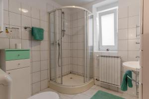 y baño con ducha y lavamanos. en Studio Apartment Dominika, en Liubliana