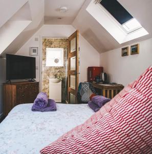 a bedroom with a bed with purple pillows and a television at The Keep in Tenby