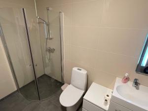 a bathroom with a shower and a toilet and a sink at 8 person holiday home in Hellesøy-By Traum in Bøvågen +34 photos