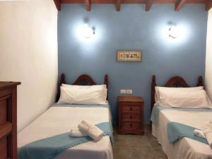 two twin beds in a room with blue walls at Live masca casatarucho in Buenavista del Norte