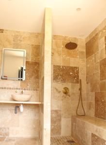 een badkamer met een wastafel en een douche bij La bergerie des petits loups in Montagnac-la-Crempse