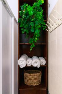 een handdoekenrek met handdoeken en een plant bij Stella's Country House in Prodromos