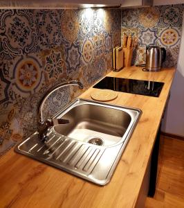 a stainless steel sink in a kitchen with a counter at Hrube DOMKI Zakopane in Zakopane