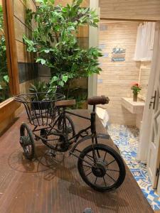 Una bicicleta con una planta en maceta sobre una mesa. en Woody House, en Essaouira