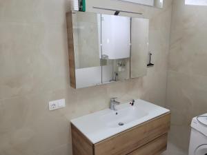 ein Badezimmer mit einem Waschbecken, einem Spiegel und einem WC in der Unterkunft Villa LOE in Villach