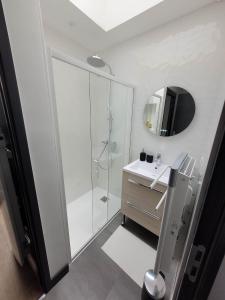 a bathroom with a shower and a sink and a mirror at Duplex Mon Désert - Parc Sainte Marie - Nancy Thermal in Nancy