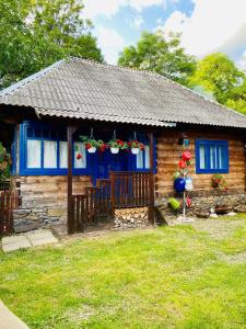 a blue house with flowers on the front of it at Căsuța Tivadar in Breb