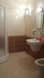 a bathroom with a toilet and a sink and a shower at Altunakar 1 Hotel in Didim