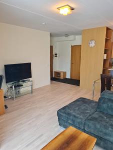 a living room with a couch and a tv at Cozy one bedroom apartment in city center in Tallinn