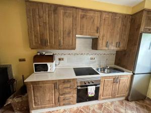 a kitchen with wooden cabinets and a sink and a refrigerator at casa carmiña in Ourense