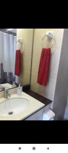 W łazience znajduje się umywalka, lustro i czerwone ręczniki. w obiekcie Departamento Santiago Centro w mieście Santiago