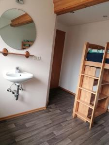 a bathroom with a sink and a bunk bed at Hanslbauernhof in Moosbach