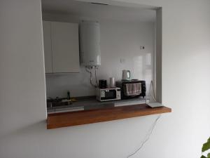 uma cozinha com um balcão com um micro-ondas e um lavatório em Departamento en Corrientes em Corrientes