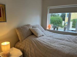 a bedroom with a bed with a pillow and a window at Charming 3 bedroom apartment in Akureyri